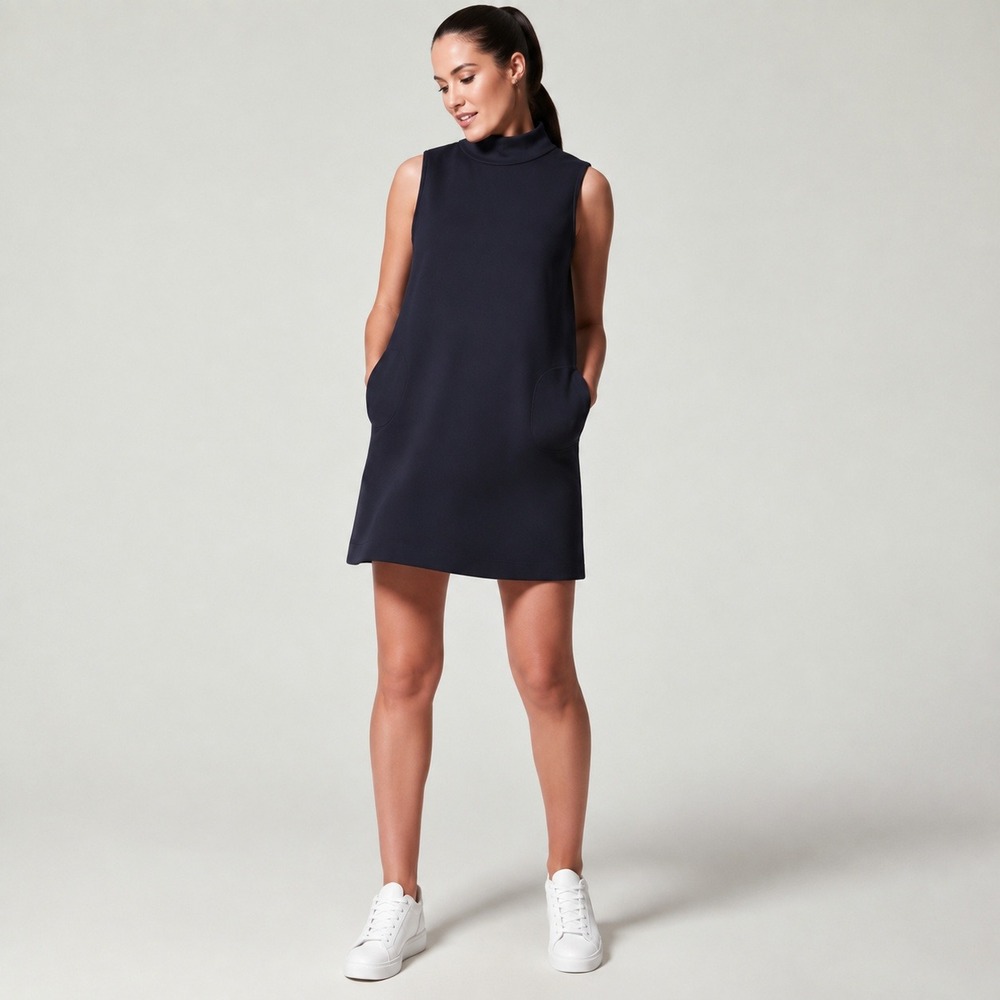 SPANX AirEssentials Mockneck Sleeveless Dress Navy Blue XS Pockets Athleisure